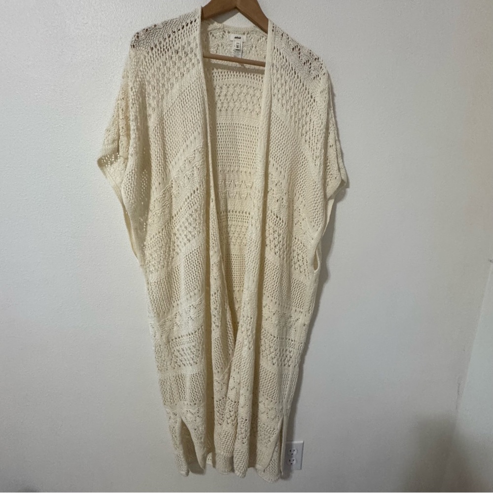 Aerie Textured Maxi Cape Ivory Open Knit Duster Cardigan Swim Cover-One Size